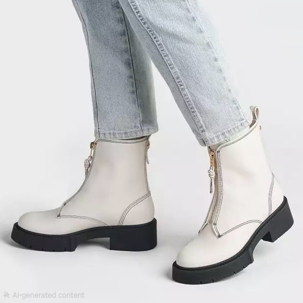 COACH Liza Chunky Ankle Leather Boots Size 6B  Color-Chalk White, Prewoned